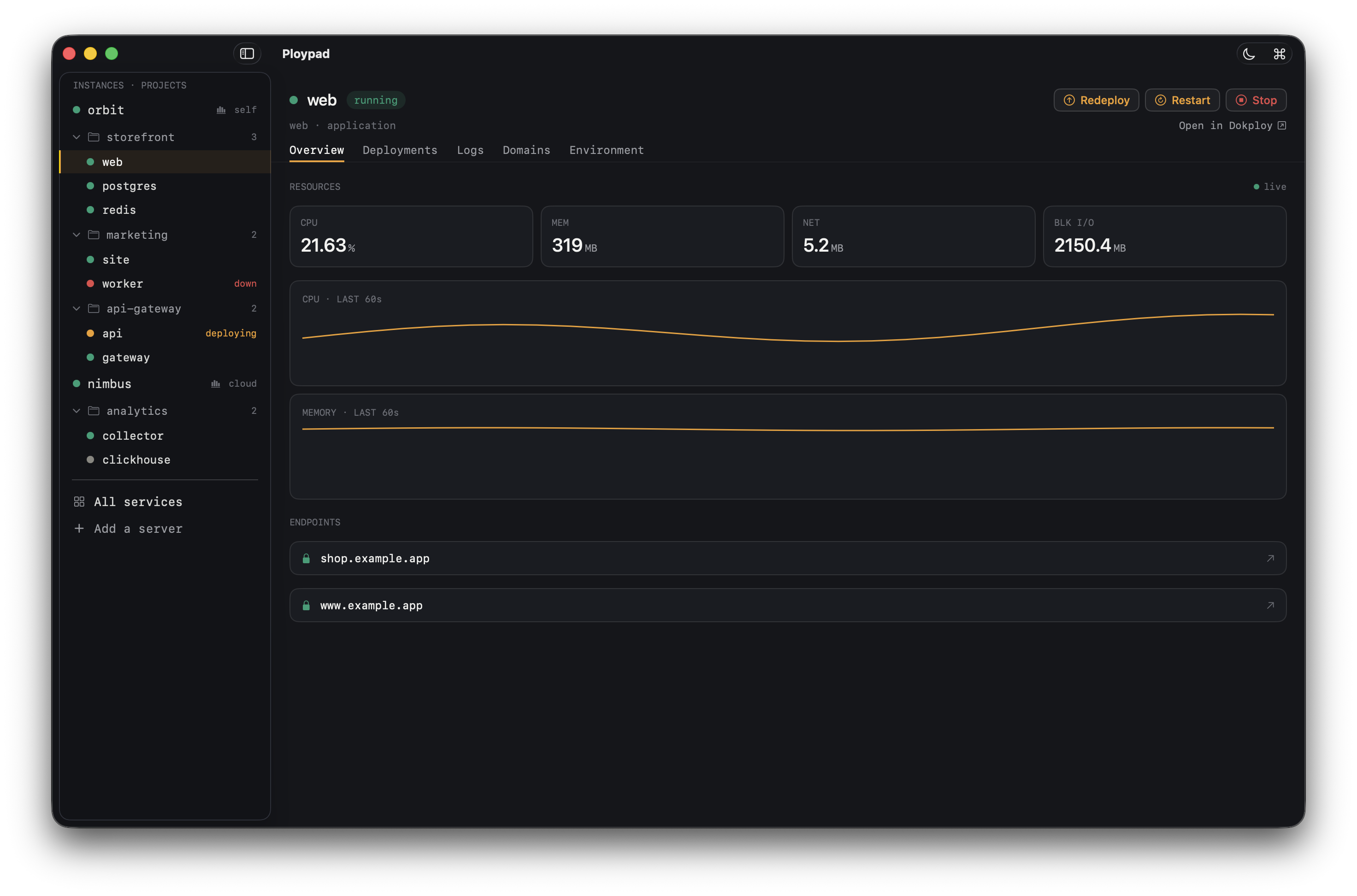 Ploypad showing a fleet of services across projects and servers, with live status, metrics, and deploy controls
