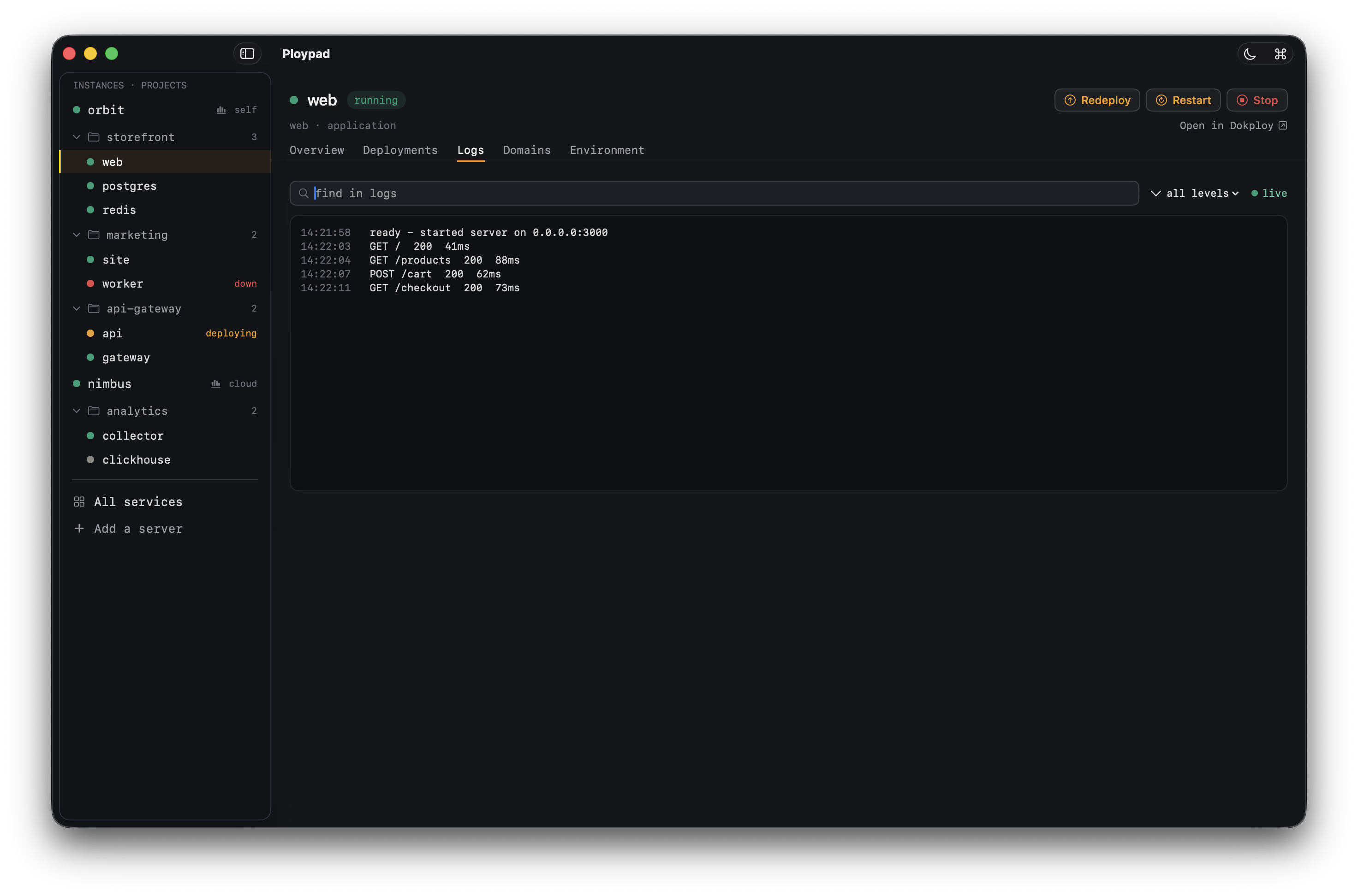 A live build log streaming with colored info, warning, and error lines