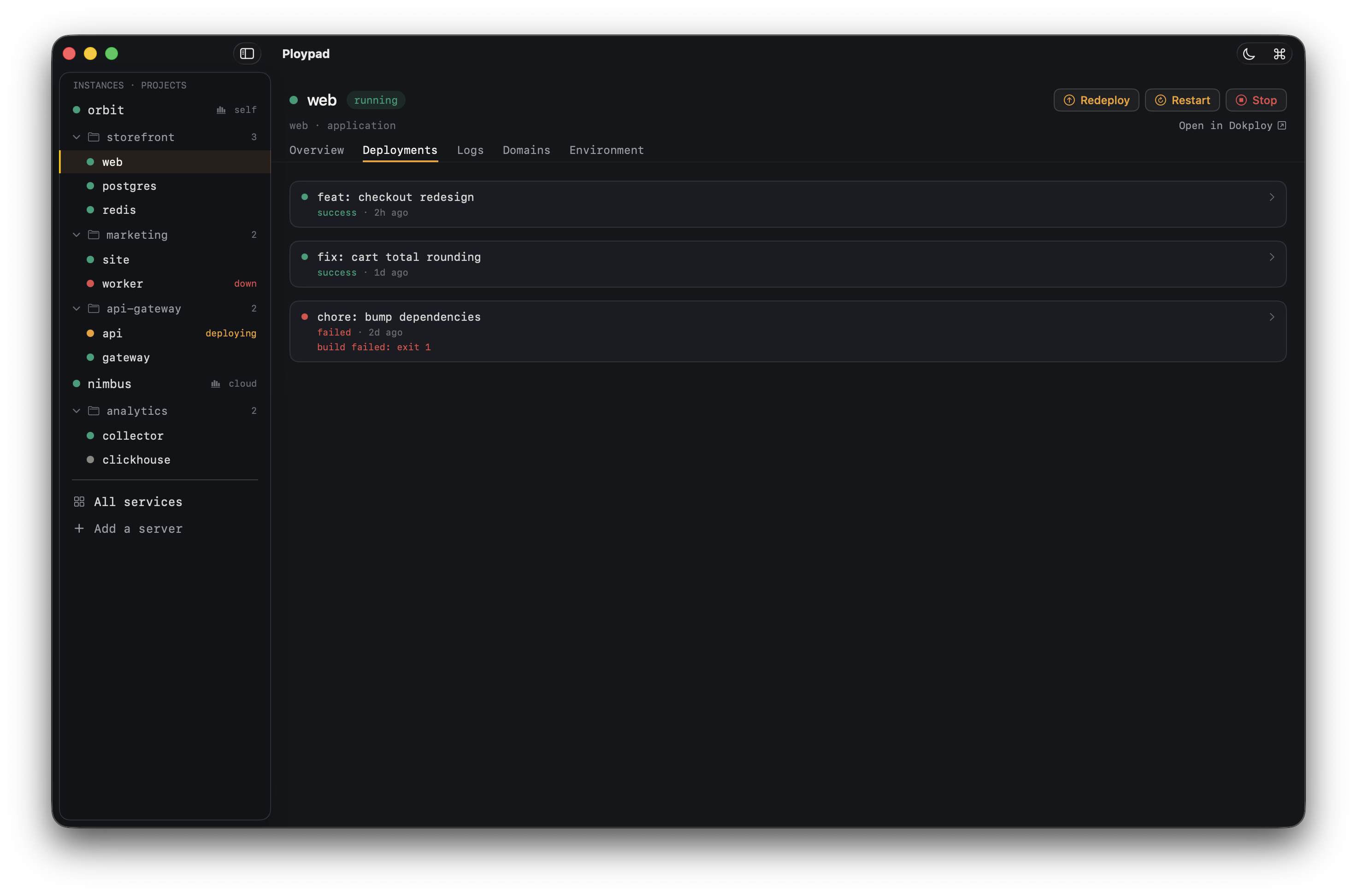 A service's deployment history with statuses, timestamps, and rollback targets