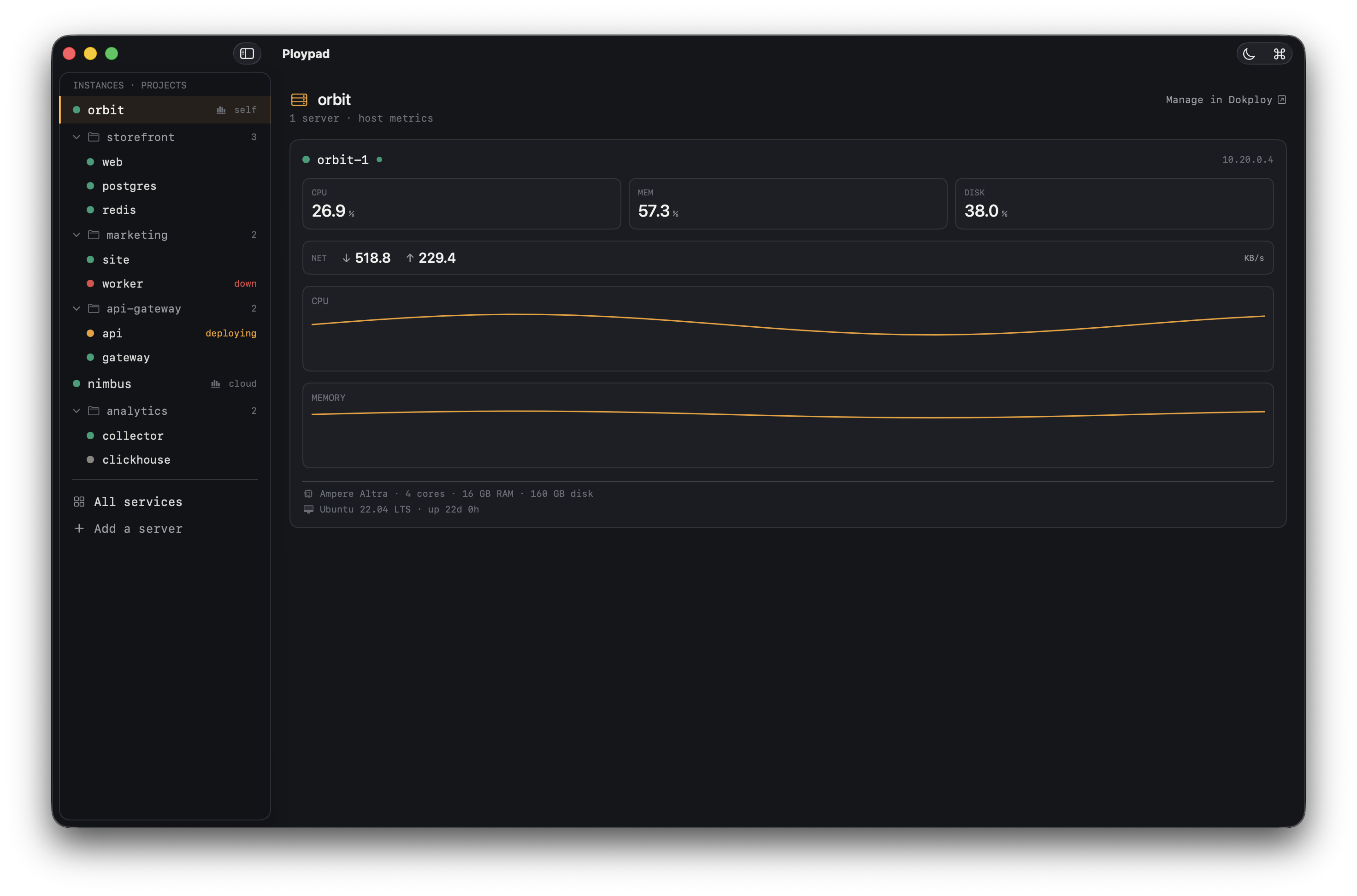 A server overview with live host CPU, memory, disk, and network metrics