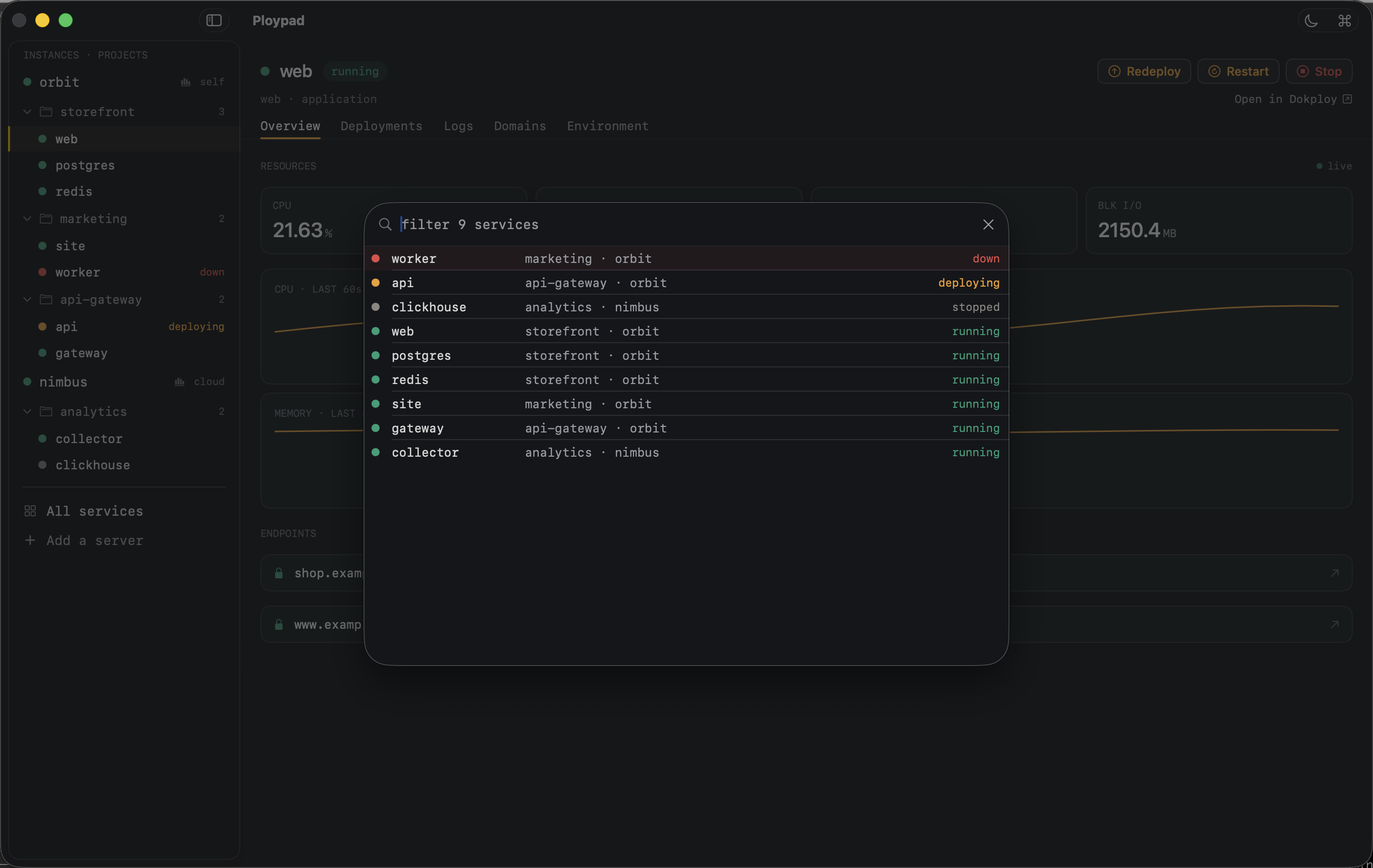 The All Services view listing every service across projects and instances, down ones sorted to the top