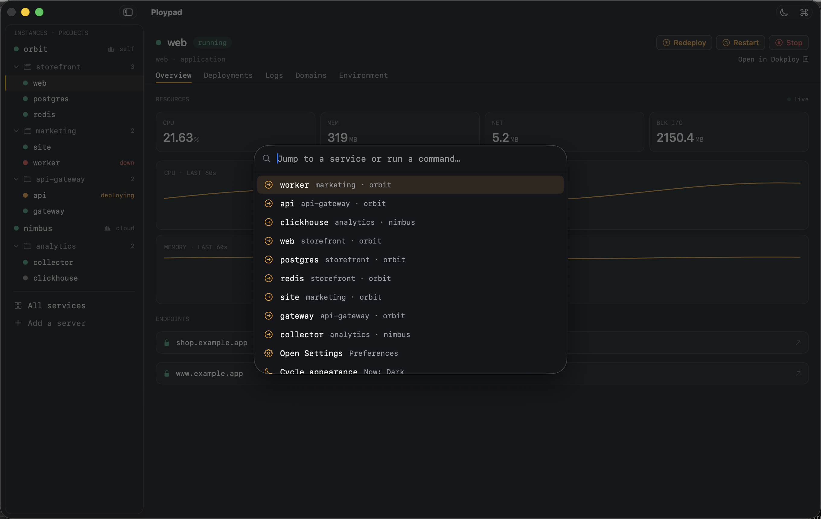 The command palette fuzzy-matching services and actions across the fleet